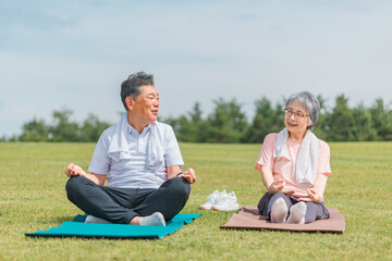 公園でヨガ・運動しながらおしゃべり・会話するアジア人の高齢者夫婦
