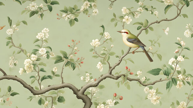 Chinoiserie wallpaper depicting a bird on a tree with small  flowers based on generative AI