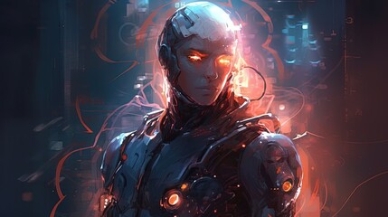 Obraz premium A cyborg with a built-in energy shield. Fantasy concept , Illustration painting. 
