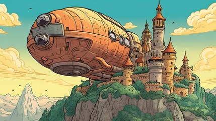 A cartoon spaceship landing on a medieval castle. Fantasy concept , Illustration painting. Generative AI