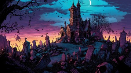Fototapeta na wymiar A castle with a haunted graveyard. Fantasy concept , Illustration painting. Generative AI