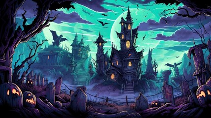 A castle with a haunted graveyard. Fantasy concept , Illustration painting. Generative AI