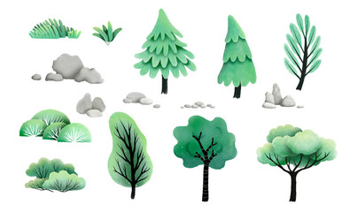 Cartoon trees set isolated on a white background. Cute green plants, forest, Stones