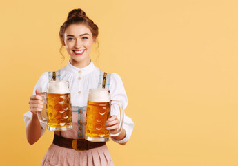 Oktoberfest Tradition. Waitress wearing traditional clothes and holding beers at the festival isolated on pastel background with space to text. copy space. German culture concept. AI Generative	
