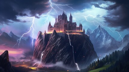 A dark-fantasy castle perched atop a mountain, with lightning striking all around. Fantasy concept , Illustration painting. Generative AI