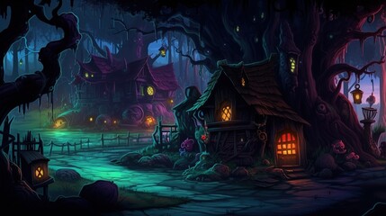 A dark-fantasy forest with a witch's hut. Fantasy concept , Illustration painting. Generative AI