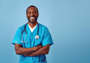 Multirational Healthcare. Smiling black doctor in uniform, showcasing the diversity and dedication of african healthcare professionals. Copy space. Healthcare commitment AI Generative