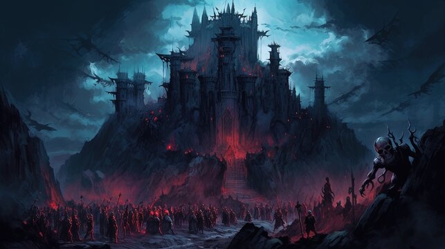 A dark-fantasy fortress with an army of undead soldiers. Fantasy concept , Illustration painting. Generative AI