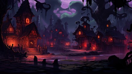 A dark-fantasy village with a witch's coven and a mysterious curse. Fantasy concept , Illustration painting. Generative AI