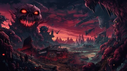 Fototapeta premium A dark-fantasy wasteland with a demon lord and a horde of minions. Fantasy concept , Illustration painting. Generative AI