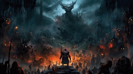 A dark-fantasy wasteland with a demon lord and a horde of minions. Fantasy concept , Illustration painting. Generative AI