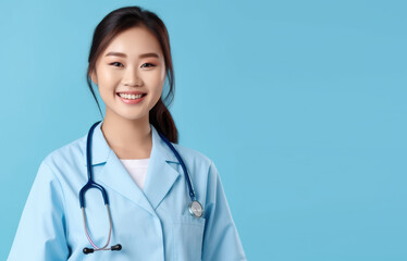  Caring Medical Professional. Experience the warmth and expertise of a smiling Chinese female doctor, isolated on a soothing blue pastel light background. Copy space. Health and wellness AI Generative