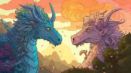 Dragon couple in love. Fantasy concept , Illustration painting. Generative AI