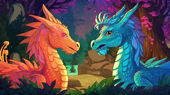Dragon couple in love. Fantasy concept , Illustration painting. Generative AI