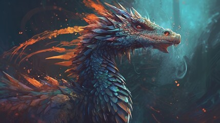 A dragon with feathered wings. Fantasy concept , Illustration painting. Generative AI