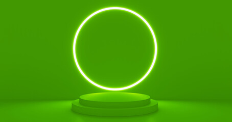 Green realistic 3d cylinder stand podium with glowing neon in circle shape. Abstract 3D Rendering rendering geometric forms. Minimal scene. Stage showcase, Mockup product display.
