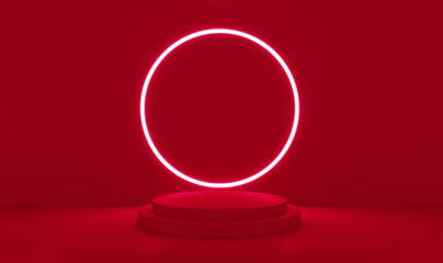 Red realistic 3d cylinder stand podium with glowing neon in circle shape. Abstract 3D Rendering rendering geometric forms. Minimal scene. Stage showcase, Mockup product display.