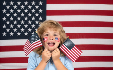 Kid celebration independence day 4th of july. United States of America concept. Child with american flag. Celebrating Independence Day. Funny kids face with american flag on cheek. - obrazy, fototapety, plakaty