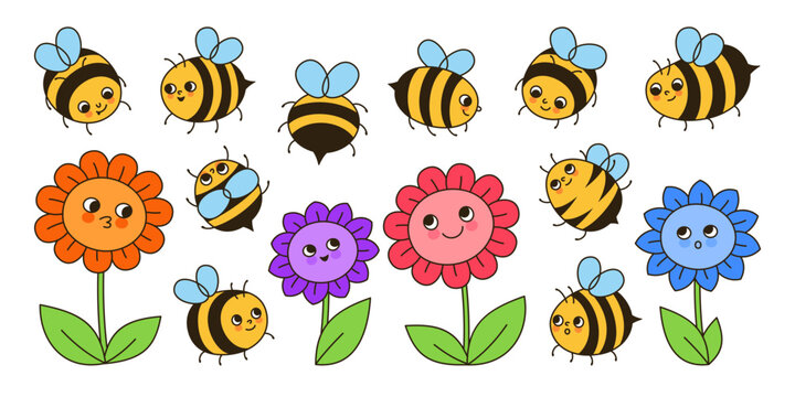 Bee honey characters and flowers retro cartoon set. Comics kids honeybee insect mascot characters with funny faces. Cute hand drawn summer comic smiley striped bees doodle design vector illustration
