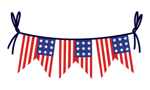 Garland for July 4th Independence Day of America. USA flag with stars and stripes. National holiday decoration hanging on a rope. Patriotic sign isolated on white. Flat clipart for cards, print, web
