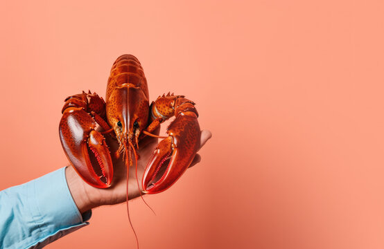 Ocean's Delights. Discover the exquisite flavors of the sea with a captivating image of a hand holding a succulent lobster against a pastel-hued background AI Generative