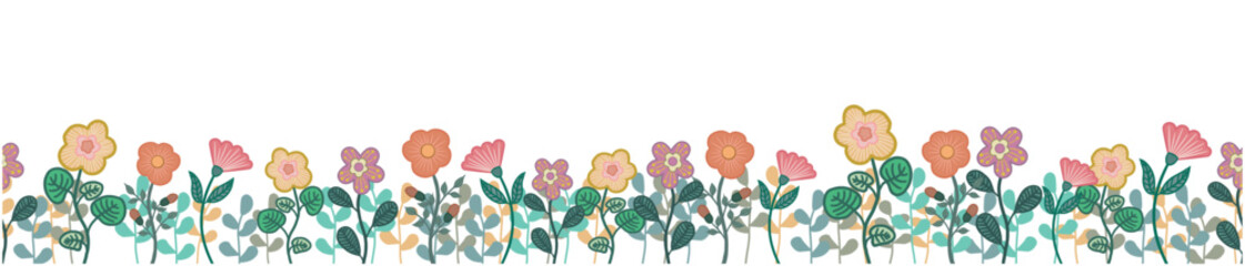 Floral horizontal banner decorated with beautiful multicolored cartoon flowers. Spring botanical backdrop. Vector illustration isolated on transparent background.