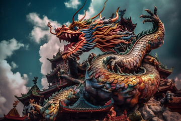 Obraz premium Chinese dragon statue in temple - AI Technology