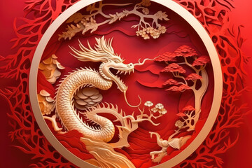 the paper dragon in golden frame on red background, new year 2024, generative AI