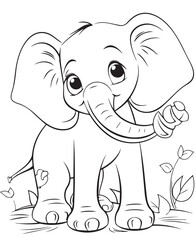 Coloring Page Of Cartoon Baby Elephant Vector Illustration for Coloring Book, Hand drawn vector coloring page of cartoonish baby elephant. Coloring page for kids and adults.