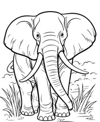 Black and White Cartoon Illustration of Elephant Animal Coloring page for kids and adults. Print design, t-shirt design, tattoo design, mural art, line art.