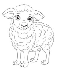 Coloring page of cute baby sheep, Hand drawn vector coloring page of cartoonish Sheep. Coloring page for kids and adults. Print design, t-shirt design, tattoo design, mural art, line art.