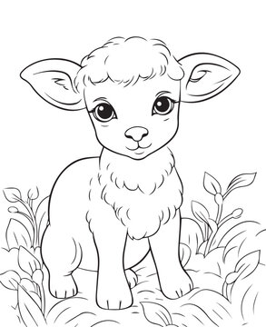 Coloring page of cute baby sheep, Hand drawn vector coloring page of cartoonish Sheep. Coloring page for kids and adults. Print design, t-shirt design, tattoo design, mural art, line art.