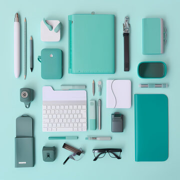 Flat Lay Of Office Supplies Stationery Soft Green Illustration