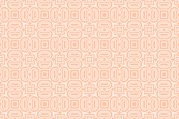 Orange and white geometric pattern, organic contours, interlocking archetypal symbols, delicate flowers.