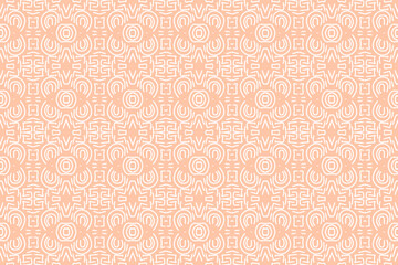 Orange and white geometric pattern, organic contours, interlocking archetypal symbols, delicate flowers.
