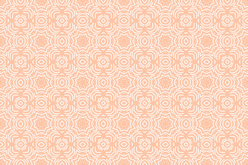 Orange and white geometric pattern, organic contours, interlocking archetypal symbols, delicate flowers.