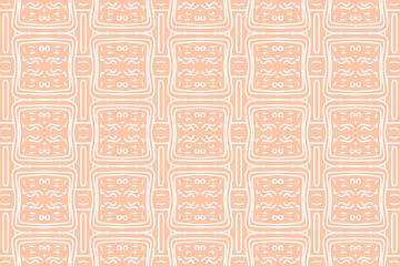 Orange and white geometric pattern, organic contours, interlocking archetypal symbols, delicate flowers.