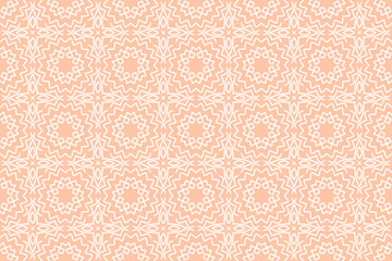 Orange and white geometric pattern, organic contours, interlocking archetypal symbols, delicate flowers.