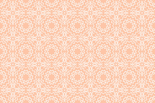 Orange and white geometric pattern, organic contours, interlocking archetypal symbols, delicate flowers.
