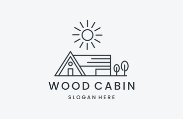 wooden house logo design with creative line art style Premium vektor