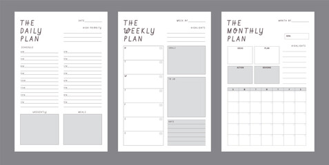 (Black) 3 set of Daily, Weekly Monthly Planner template. Minimalist planner template set. Vector illustration.	 