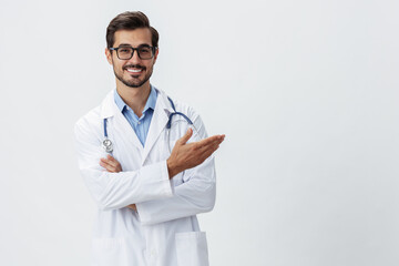 Man doctor in white coat and eyeglasses smile shows hand gestures signs on white isolated background looks into camera, copy space, space for text, health