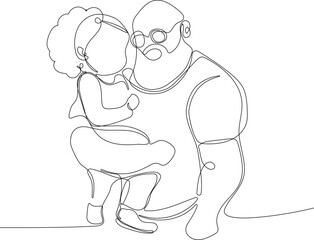 Hugs of a father with a child. One continuous line drawing banner, background, poster with family embrace. Happy Father Day simple vector illustration of child and father. Vector illustration