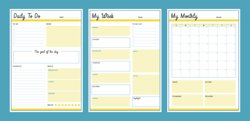 Fototapeta na wymiar 3 set of Daily, Weekly Monthly Planner template. Minimalist planner template set. Vector illustration. 