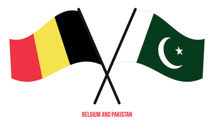 Belgium and Pakistan Flags Crossed And Waving Flat Style. Official Proportion. Correct Colors.
