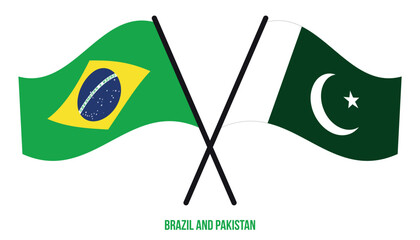 Brazil and Pakistan Flags Crossed And Waving Flat Style. Official Proportion. Correct Colors.