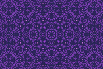 Modern simple geometric vector seamless pattern with flowers, line texture on purple background. Abstract floral wallpaper, tile ornament.