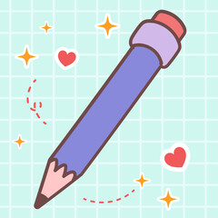 Kawaii vector of pencil school stationery. Isolated hand drawn cute cartoon character illustration logo icon. Cute Japan anime, manga style concept design