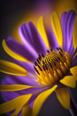 Beautiful purple flower with yellow petals on a dark background created with AI