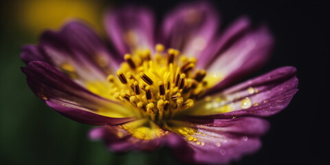 Close up of a purple and yellow daisy with water droplets created with AI